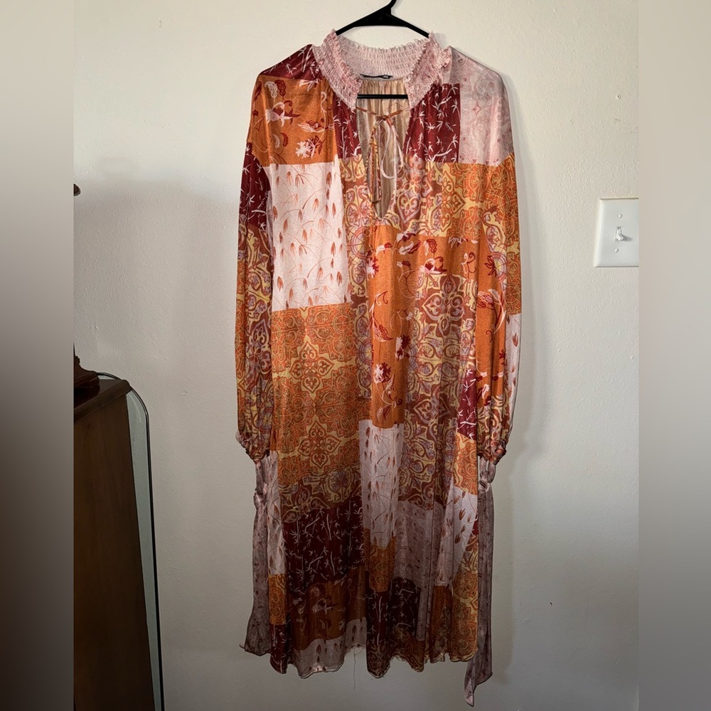 Zara Collection RARE orange red and pink patchwork floral oversized boho dress.